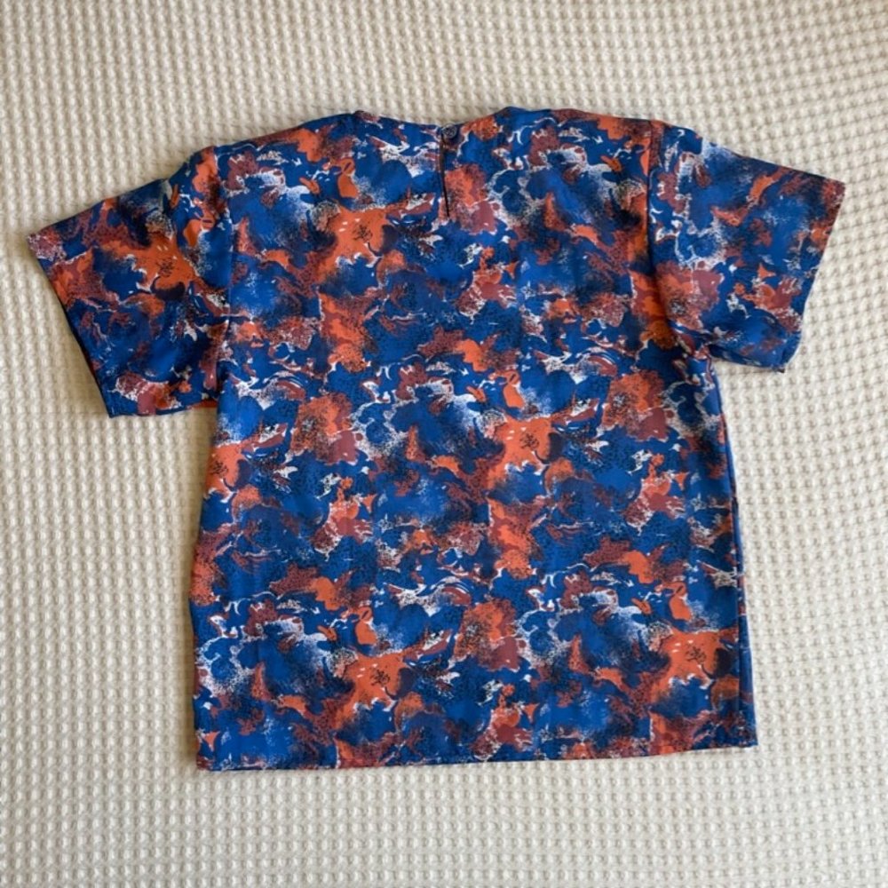 Kate Howard Vintage 1980s Peach/Blue Print Short Sleeve Blouse, Sz S View 2